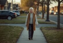 Adjusting to a Slower Pace of Life Without Feeling Left Behind Older woman walking calmly along a quiet neighborhood sidewalk in late afternoon light.