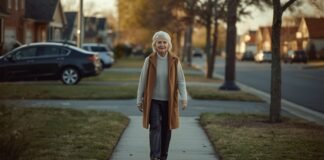 Adjusting to a Slower Pace of Life Without Feeling Left Behind Older woman walking calmly along a quiet neighborhood sidewalk in late afternoon light.