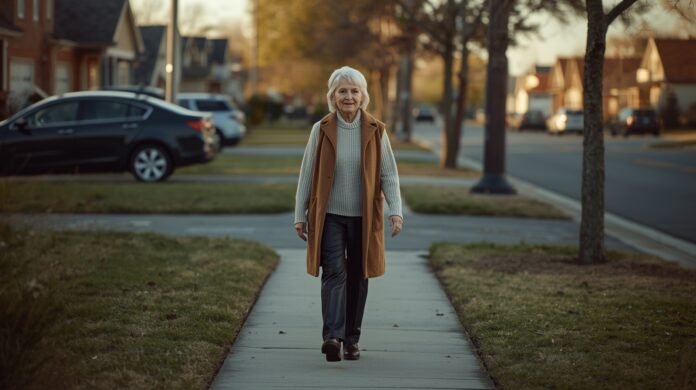 Older woman walking calmly along a quiet neighborhood sidewalk in late afternoon light.