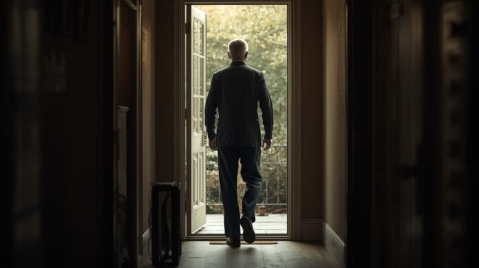Gentleman leaving house on porch during daytime.