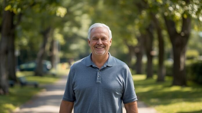 Senior man smiling outdoors in a park, healthy aging after 50.