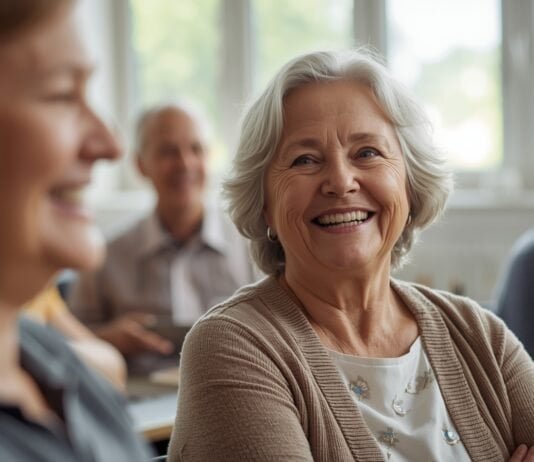 Why Confidence Can Dip After Retirement (Even If You’re Doing Fine) Lively senior women smiling during a social gathering or workshop.