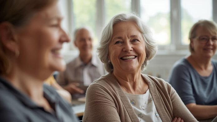 FI-GA50-confidence-dip-after-retirement-community-class-smile Lively senior women smiling during a social gathering or workshop.
