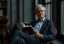 Why Decision-Making Can Feel Heavier After 50 Elderly man reading a book, mature age, relaxing, cozy indoor setting, content senior, graceful aging.