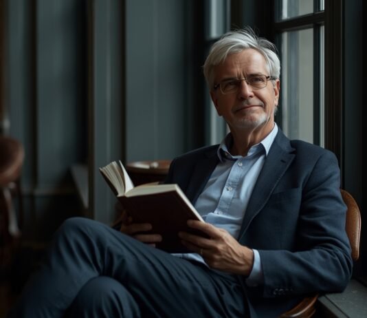 Why Decision-Making Can Feel Heavier After 50 Elderly man reading a book, mature age, relaxing, cozy indoor setting, content senior, graceful aging.