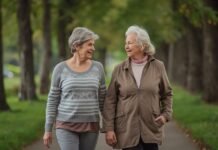 Why You May Crave Fewer, Deeper Friendships After 50 Two women in their early 60s walking together outdoors, engaged in a relaxed, meaningful conversation.