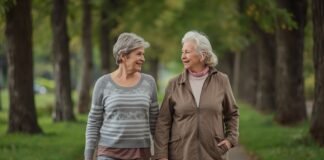 Why You May Crave Fewer, Deeper Friendships After 50 Two women in their early 60s walking together outdoors, engaged in a relaxed, meaningful conversation.