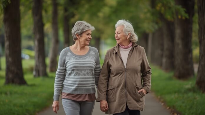 FI-GA50-deeper-friendships-after-50-two-friends-walking Two women in their early 60s walking together outdoors, engaged in a relaxed, meaningful conversation.