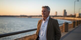 When Emotional Fatigue Isn’t Burnout — It’s Accumulation Elegant mature man contemplating waterfront sunset, health and aging gracefully, confident lifestyle, senior wellness, graceful aging after 50.