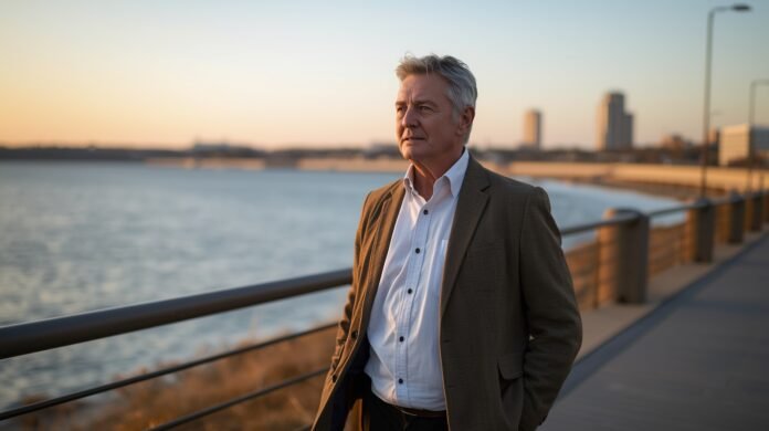 Elegant mature man contemplating waterfront sunset, health and aging gracefully, confident lifestyle, senior wellness, graceful aging after 50.