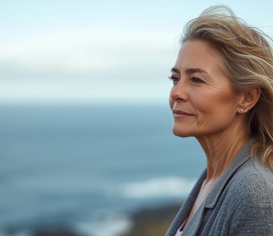 The Difference Between Emotional Sensitivity and Emotional Weakness After 50 Ageless woman smiling outdoors, embracing natural beauty, enhancing graceful aging naturally.