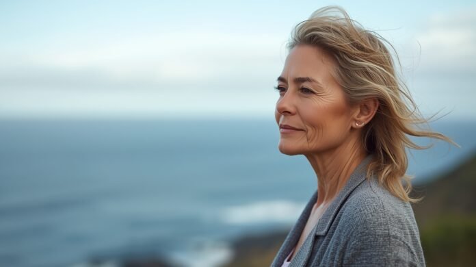 Ageless woman smiling outdoors, embracing natural beauty, enhancing graceful aging naturally.