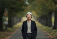 Why Emotional Stability Can Feel Harder to Maintain After 50 Elegant senior woman walking outdoors in autumn park, graceful aging after 50.