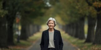 Why Emotional Stability Can Feel Harder to Maintain After 50 Elegant senior woman walking outdoors in autumn park, graceful aging after 50.