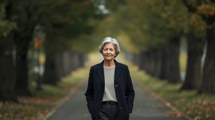 Elegant senior woman walking outdoors in autumn park, graceful aging after 50.