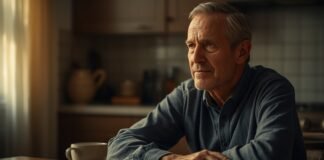 The Emotional Stages of Retirement (Before and After You Stop Working) Reflective senior man in a cozy kitchen with coffee cup, deep in thought.