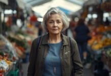 Feeling Calm One Day and Off the Next: Why Emotional Ups and Downs Are Common After Midlife Elegant senior woman shopping at farmer's market, embracing graceful aging.