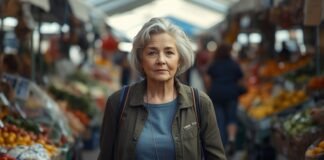 Feeling Calm One Day and Off the Next: Why Emotional Ups and Downs Are Common After Midlife Elegant senior woman shopping at farmer's market, embracing graceful aging.