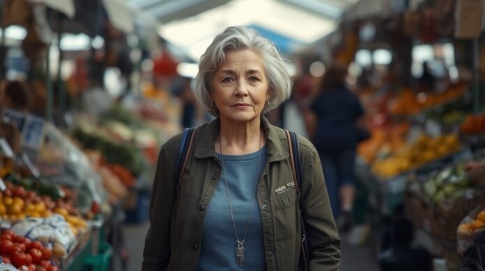 Elegant senior woman shopping at farmer's market, embracing graceful aging.