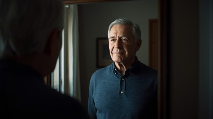 Older man reflecting on aging gracefully at home.