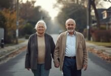 Finding Meaning Without Reinventing Your Entire Life Senior couple walking outdoors in neighborhood, autumn scenery, healthy aging, happy retirees.