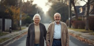 Finding Meaning Without Reinventing Your Entire Life Senior couple walking outdoors in neighborhood, autumn scenery, healthy aging, happy retirees.