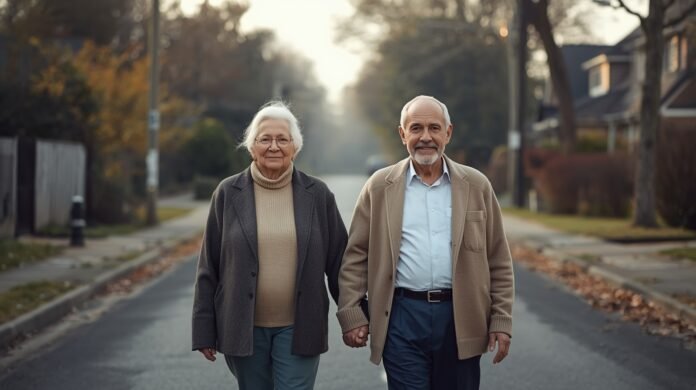 FI-GA50-finding-meaning-without-reinventing-your-entire-life Senior couple walking outdoors in neighborhood, autumn scenery, healthy aging, happy retirees.