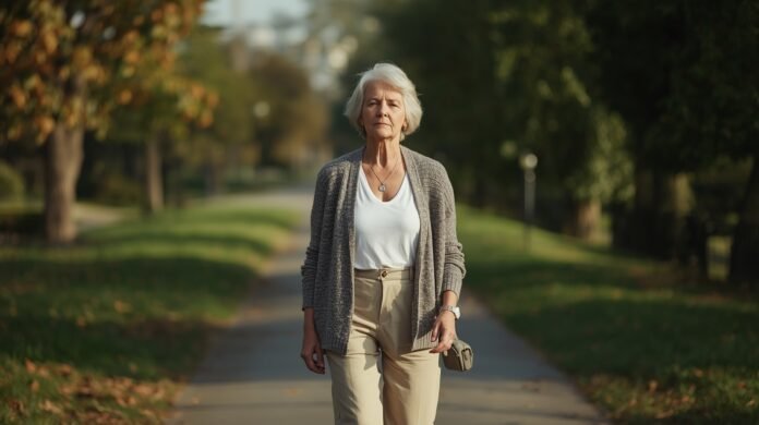 Graceful aging senior woman walking in park, healthy lifestyle, falling in love with life.