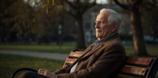 Finding Stability While Life Is Still Changing Serene elderly man sitting on park bench in autumn sunlight, contemplative and relaxed.