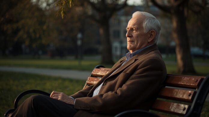 Serene elderly man sitting on park bench in autumn sunlight, contemplative and relaxed.