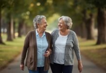 Why Friendships Often Change After 50 (Even Without Conflict) Joyful senior women walking in park, smiling, enjoying outdoor friendship, health and wellness, seniors, aging gracefully.