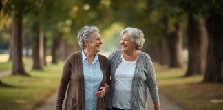 Why Friendships Often Change After 50 (Even Without Conflict) Joyful senior women walking in park, smiling, enjoying outdoor friendship, health and wellness, seniors, aging gracefully.