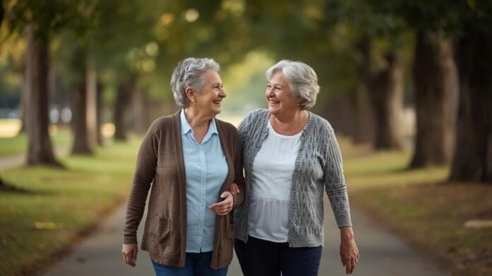 Joyful senior women walking in park, smiling, enjoying outdoor friendship, health and wellness, seniors, aging gracefully.