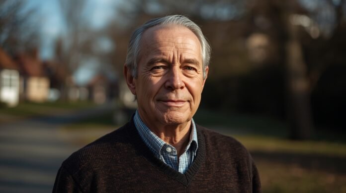 Dignified senior man smiling outdoors in a park during autumn.