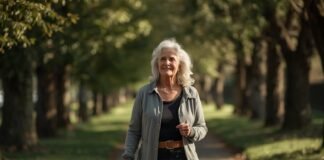 Why Identity After 50 Develops Gradually (Not All at Once) Happy senior woman walking outdoors in park, enjoying healthy aging after 50.