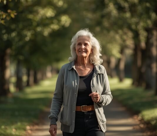 Why Identity After 50 Develops Gradually (Not All at Once) Happy senior woman walking outdoors in park, enjoying healthy aging after 50.