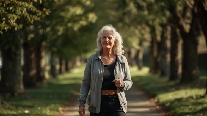 Happy senior woman walking outdoors in park, enjoying healthy aging after 50.