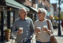 Identity & Role Changes After 50: A Supportive Guide to Finding Your Footing Vibrant senior couple enjoying coffee while walking outdoors on a sunny day.