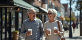 Identity & Role Changes After 50: A Supportive Guide to Finding Your Footing Vibrant senior couple enjoying coffee while walking outdoors on a sunny day.