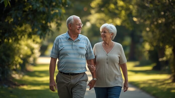 Happy senior couple enjoying nature walk in park.