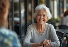 How to Talk About Who You Are Now Without Feeling Awkward Vibrant senior woman smiling at café, enjoying graceful aging, positive mindset after 50.