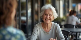 How to Talk About Who You Are Now Without Feeling Awkward Vibrant senior woman smiling at café, enjoying graceful aging, positive mindset after 50.