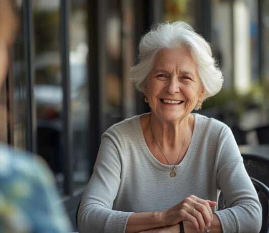 How to Talk About Who You Are Now Without Feeling Awkward Vibrant senior woman smiling at café, enjoying graceful aging, positive mindset after 50.