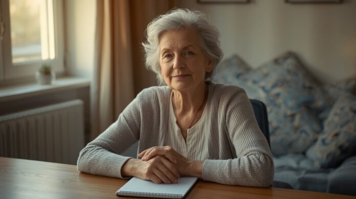 Graceful aging woman smiling at home for seniors health and wellness.