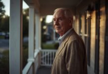 Letting Go of Old Roles Without Losing Yourself Older man standing on a quiet porch, looking outward during a calm afternoon.