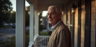 Letting Go of Old Roles Without Losing Yourself Older man standing on a quiet porch, looking outward during a calm afternoon.