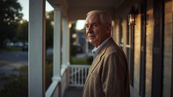 Older man standing on a quiet porch, looking outward during a calm afternoon.