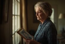 Letting Go of Old Identities Without Erasing Your Past Graceful aging woman looking at framed photo by window, senior life inspiration.