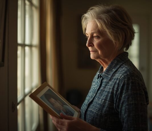 Letting Go of Old Identities Without Erasing Your Past Graceful aging woman looking at framed photo by window, senior life inspiration.