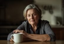Why Identity Can Feel Unstable When Life Slows Down After 50 Beautiful mature woman with gray hair sitting at a kitchen table with a coffee mug, aging gracefully.